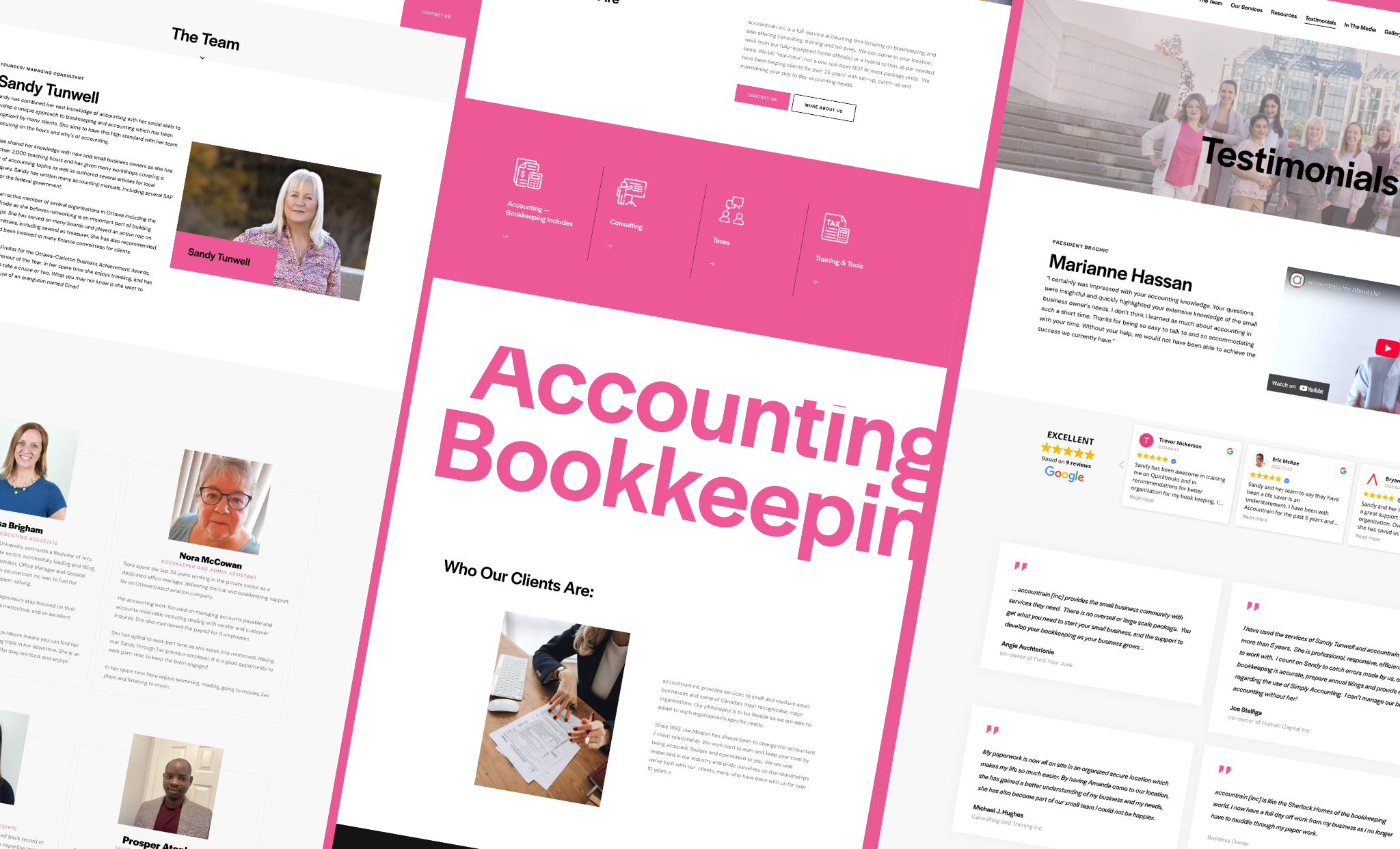 Complete Accountrain Inc. website portfolio showing team pages, services, testimonials, and professional design elements