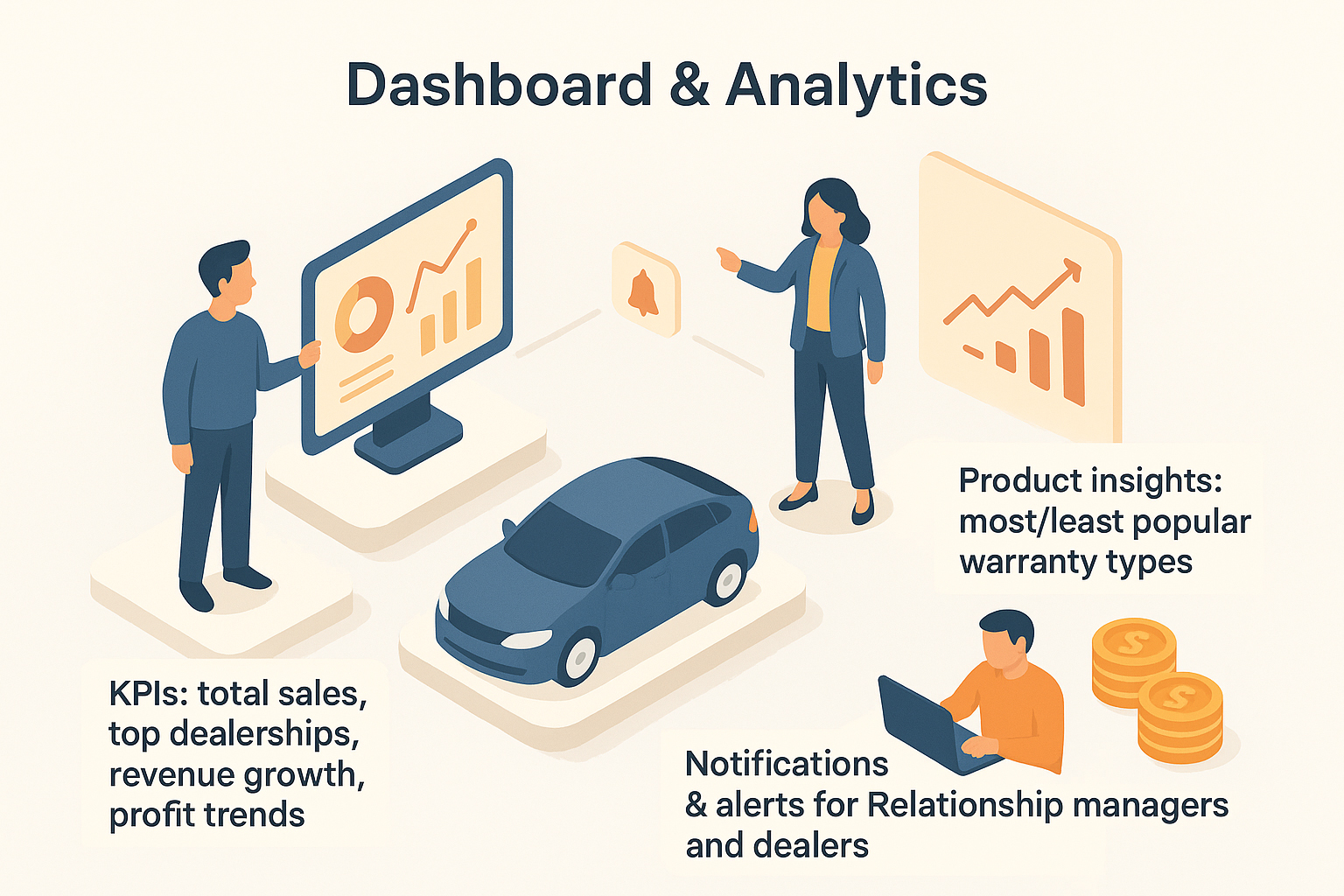 Dashboard & Analytics system showing KPIs, product insights, revenue trends, and notifications for relationship managers and dealers