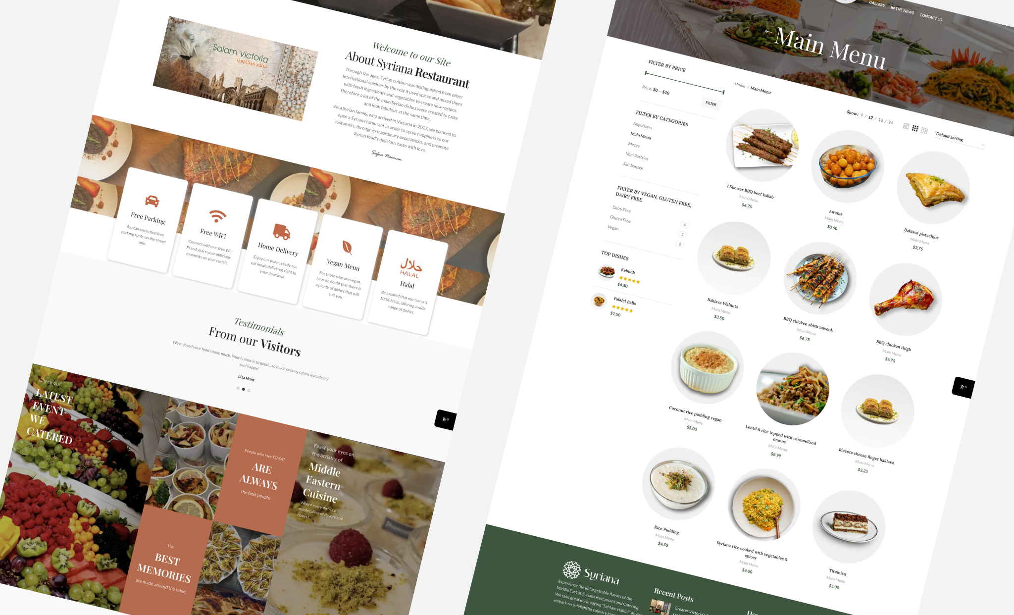 Syriana Catering website portfolio showing multiple pages including main menu, about section, testimonials, and catering services